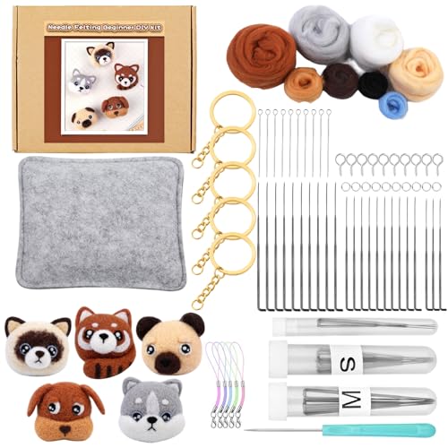 Asudaro Nadelfilz Set, Nadelfilz Kit Wollfilz Tier Kit DIY Nadelfilzmaterial Starter Kit Handspinnmaterial zum Basteln für Nadelfilz Anfänger DIY Filz Tier Handwerk Hundekopf 5-teiliges Set von Asudaro
