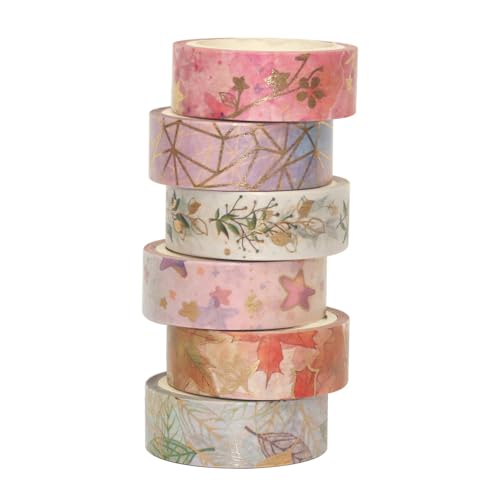 Asukohu 6 Rolls Papierband Blumen Washis Tape Dekorative Klebeband Gold Folie Klebeband Künstler Band Scrapbooking Supplies von Asukohu