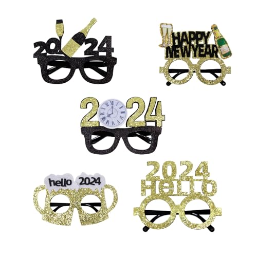 Asukohu Happy New Year Brillen 2024 5/4 Stück Fotokabinen-Requisiten, Weihnachtsdekoration, Silvesterparty, Feier, Zubehör von Asukohu