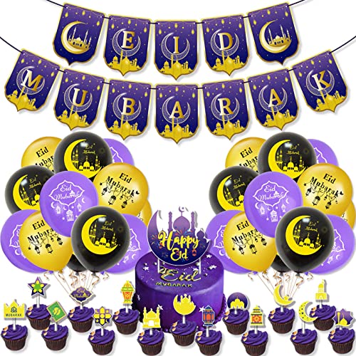 Dekorationsset Eid hängende Wimpelkette für Latex-Luftballons, Kuchenaufsätze, Partyzubehör, Dekorationen für Tür von Asukohu