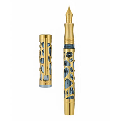 Asvine V169 Füllfederhalter mit Vakuumfüllung, extra feine Feder, Wassertropfen-Skelett, goldfarbener Rand, transparentes grau-blaues Acryl-Etui-Set von Asvine