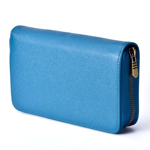 Füllfederhalter-Etui, echtes Leder, 10 geteilte Fächer, blau, Rollerball-Stifthalter, handgefertigtes Display, Organizer, Reißverschlusstasche, Blau, Mit Reißverschluss von Asvine