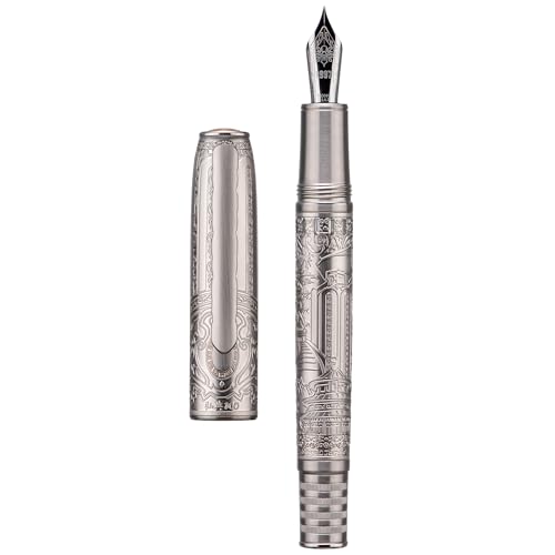 Asvine Hongdian 100 Silber Steel Kolben Füllfederhalter, Iridium Medium Spitze Kalligraphie, Glatt Schreibstifte, Schöner Schreibstift für Männer & Frauen von Asvine