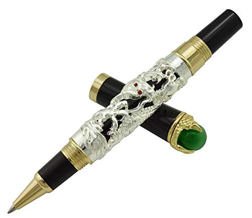 Jinhao Tintenroller mit chinesischem Drachenspiel, handgefertigt, aus grüner Jade-Kugelschreiber, glatte Signatur- und Kalligraphie-Stifte, Business-Stifte mit schwarzer Mine (silberfarben) von Asvine