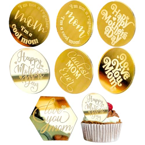 Tortenaufsätze "Happy Mother's Day", 7 Stück, Acryl, Cupcake-Topper, goldfarben, personalisierbar, 7 Stile von Aswewamt