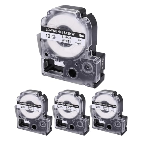 Asyduey 4Er-Pack Kompatibles Etikettenbandersatz für -4WBN (SS12KW) Etikettenbandkassetten Schwarz auf WeißBand von Asyduey