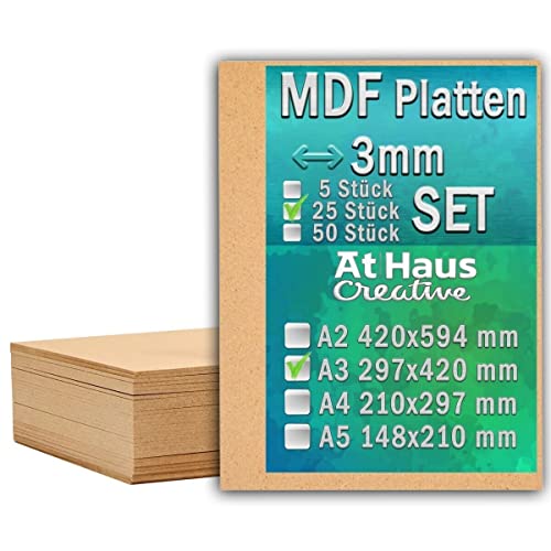 AtHaus MDF SET 25 x A3-420 x 297mm Holz-Platten 3mm Dünne Holzplatten Zuschnitt zum Basteln, Bemalen, Modellierung, Gravur, Perfekt für Laser, CNC Router von AtHaus