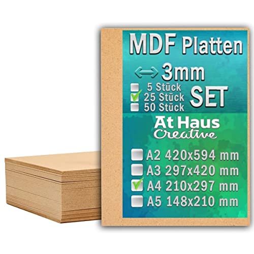 AtHaus MDF SET 25 x A4-297 x 210mm Holz-Platten 3mm Dünne Holzplatten Zuschnitt zum Basteln, Bemalen, Modellierung, Gravur, Perfekt für Laser, CNC Router von AtHaus