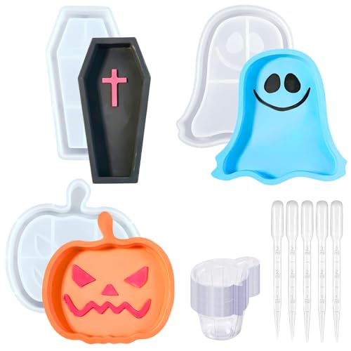 3-teiliges Halloween-Harz-Tablett-Formen-Set für Bastelarbeiten, Atarvana Halloween-Harz-Formen mit 5 Pipetten und 10 Einweg-Rührbechern, Kürbis, Sarg, Geist 3-teiliges Halloween-Harz-Tablett-Formen-Set für Bastelarbeiten, Atarvana Halloween-Harz-Formen mit 5 Pipetten und 10 Einweg-Rührbechern, Kürbis, Sarg, Geist von Atarvana