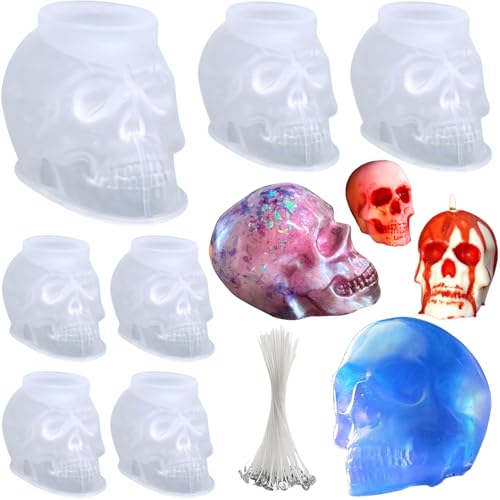 Atarvana Silikonformen für Halloween-Totenköpfe (3 Größen) für Kerzenherstellung, 3D-Halloween-Kerzenherstellung, Formen mit 10 Kerzendochten, 1 x groß, 2 x mittel, 4 x klein, 7 Stück von Atarvana
