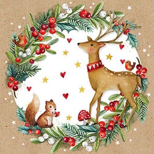 20 Servietten Weihnachten Hirsch und Eichhörnchen im Weihnachtskranz als Tischdeko. Papierservietten mit Motiv. Auch für Decoupage und Serviettentechnik 33x33cm von Atelier