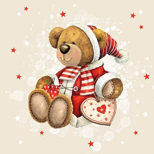 20 Servietten Weihnachten Weihnachtlicher Teddybär mit Herz als Tischdeko. Papierservietten mit Motiv. Auch für Decoupage und Serviettentechnik 33x33cm von Atelier