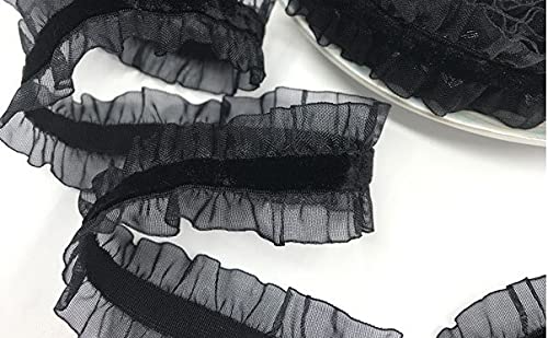 Spitzenbesatz, 2 Yards, 2,5 cm, Organza-Rüschen, elastischer Spitzenbesatz, Samtband, Stretchband for Kleidungsstücke, handgefertigtes Nähen, Patchwork(Black) von AthuAh