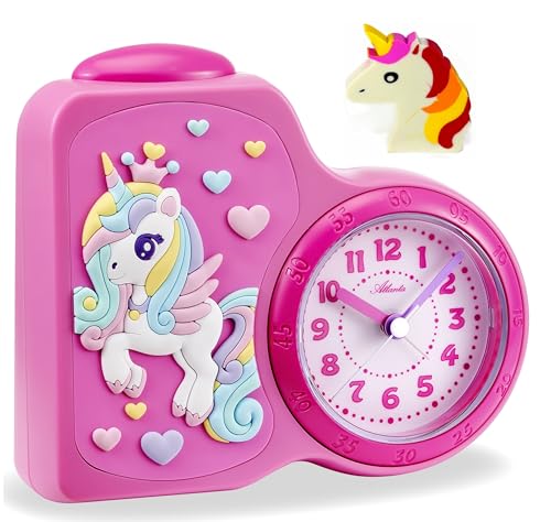 Atlanta Einhorn Kinderwecker ohne Ticken für Mädchen Rosa + Radiergummi - 2145/17 Rad von Atlanta