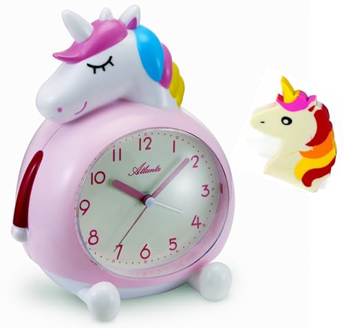 Atlanta Kinderwecker ohne Ticken mit Musik + Radiergummi Einhorn - 2163/17 Rad (Rosa) von Atlanta