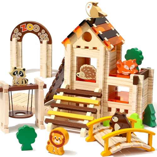Atoylink 167 Stück Holzbausteine Natur, Holzhaus Holzbausatz Kinder mit Komplettes Bauklötze Holz, Konstruktionsspielzeug Montessori Spielzeug Geschenke für Kinder Junge Mädchen ab 3 4 5 6 7 Jahre von Atoylink