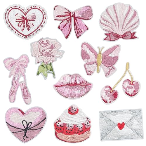 Attuslla 11 Stück rosa Aufnäher zum Aufbügeln, rosa Thema, bestickte Flicken mit Schleife, Muschel, Kuchen, Blumen, Flicken für Kleidung, Kleid, Hut, Jeans, DIY-Zubehör von Attuslla