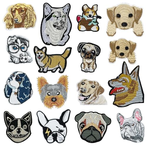 Attuslla 16 Stück Hund Patches zum Aufbügeln, Hund Aufnäher zum Aufbügeln Nähen Abzeichen für Jeans Jacken Kleidung Rucksack Mütze DIY Handarbeit Nähen von Attuslla
