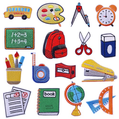 Attuslla 16 Stück Patches zum Aufbügeln aus Thema Schulsachen, Flicken zum Aufbügeln aus Schreibwaren, Aufnäher für Kleidung, Hut, Jeans, DIY Zubehör von Attuslla