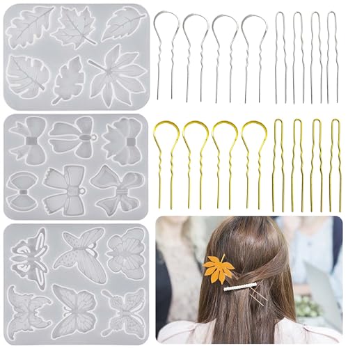 Attuslla 3 Stück Multi-Style Haarspangen Silikonform mit Haarstäbe Schmetterling Fliege Blätter Anhänger Epoxidharz Harzformen DIY Haarnadel Ohrringe Gießform Harz Formen von Attuslla