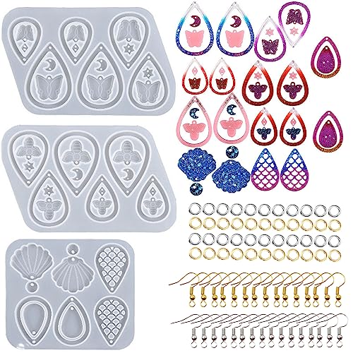 Attuslla 3 Stück Ohrring Resin Harz Formen Ohrring Silikonform Epoxidharz Resin Silikonform mit Ohrhaken, Biegeringen für DIY Ohrringe, Harzschmuck, Bastelbedarf für Anhänger von Attuslla