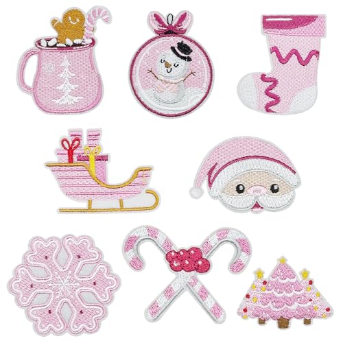 Attuslla 8 Stück Patches zum Aufbügeln, Rosa Weihnachtsmann Schneeflocke Flicken Patch, Flicken zum Aufbügeln Patches für Kleidung, Hüte, Jeans, Röcke, T-Shirts von Attuslla