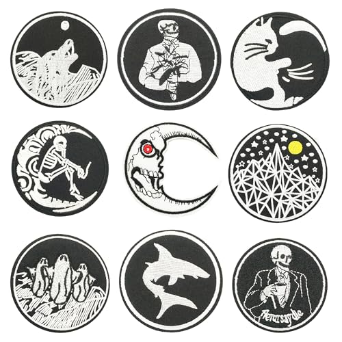 Attuslla 9 Stück Patches zum Aufbügeln Patch Sticker, Schwarz und Weiß Flicken Patches Applikation Applique für Rucksäcke Jeans Jacken Tasche Kleidung von Attuslla