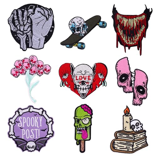 Attuslla Schädel Flicken zum Aufbügeln, 9 Stück Patch Sticker für Kleidung Kerze Aufnäher Applikation Flicken Zum Aufbügeln Kinder Patches für für DIY T-Shirt Jeans Kleidung Taschen von Attuslla