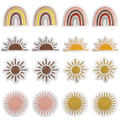 Attuslla 16 Stück Sonne und Regenbogen Patches zum Aufbügeln für Hüte, Jeans, Röcke, T-Shirts, Rucksäcke von Attuslla
