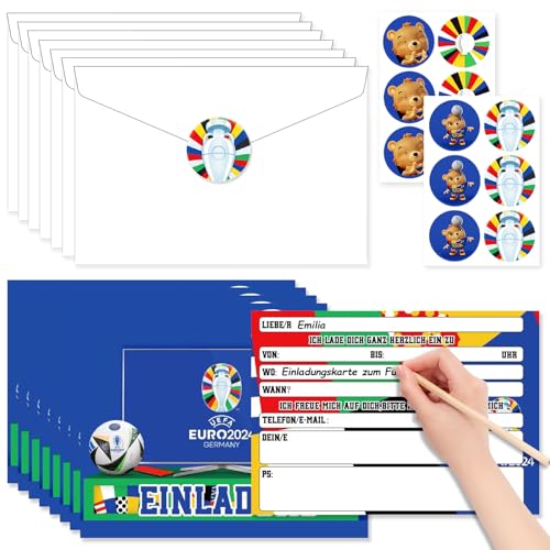 Atuoxing EURO 2024 Germany, 12 Fussball Einladungskarten im Karten-Set, 12 Umschlägen+12 Aufkleber, Fussball-Party - Einladungen für Kinder & Erwachsene (B) von Atuoxing
