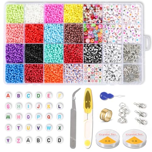 Atybo Perlen zum Auffädeln von Armbändern Set-12750Stücke Glasperlen,2mm Bunte Beads,mit 15 verschiedenen Farben von Glasperlen, Buchstabenperlen und Metallbeschlägen，Sie können Freundschaftsarmbänder von Atybo