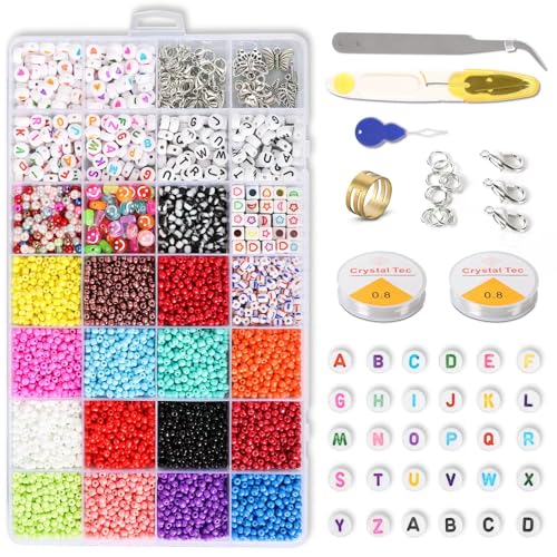 Atybo Perlen zum Auffädeln von Armbändern Set-7500 Stücke Glasperlen,3mm Bunte Beads,mit 15 verschiedenen Farben von Glasperlen, Buchstabenperlen und Metallbeschlägen，Sie können Freundschaftsarmbänder von Atybo