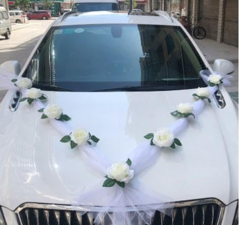 Hochzeitsauto-Dekorationsblumen-Set mit DIY-Gaze ​​und 9 Blumen, Hochwertige Materialien für Langlebige Verzierung (Weiße Hilfswagendekoration des Q-Modells) von Atyhao