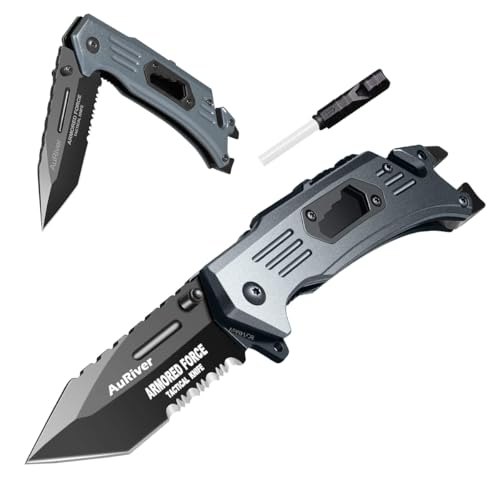 6-in-1 Klappmesser Outdoor Survival Extra Scharf Messer,Taschenmesser mit Überzug Titan Edelstahl, Jagdmesser mit Anspitzer Pfeifen Flaschenöffner Schraubenzieher Glasbrecher Gurtschneider von AuRiver