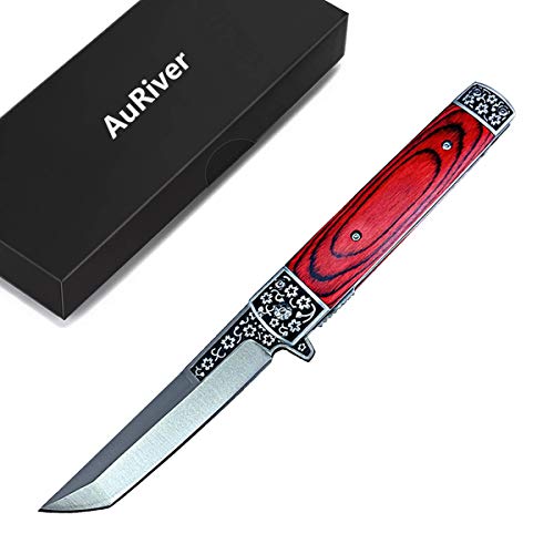 AuRiver Klappmesser Messer Taschenmesser mit Holzgriff Outdoormesser aus Edelstahl mit Einer schwarzen Geschenkbox (Red) von AuRiver