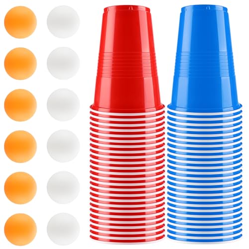 Auauraintt Bierpong Becher Set,Beerpong Partybecher Enthält 50 Becher (16oz) und 12 Tischtennisbälle,mehrwegbecher,Für Party Trinkspiele,Party Geburtstag Festivals Hochzeit Camping von Auauraintt