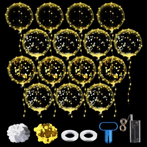 15 Stück Leuchtende Luftballons, 38cm LED Luftballons Leuchtend, Bobo LED Ballons, Leucht Luftballons mit 3 Meter LED Lichterketten, Pailletten und Bändern für Geburtstag, Hochzeit (Warmweiß) von Aubess