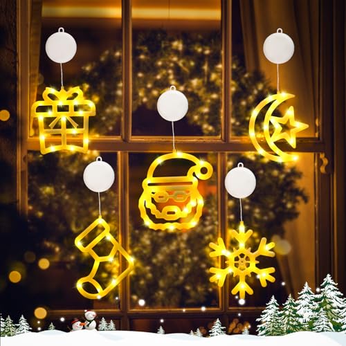 Aubess 5 Stück Weihnachtsbeleuchtung, LED Lichter für Fenster Weihnachten, Warmweiß Hängend Fensterlicht, Lichterkette Fenster mit Saugnäpfe für Feste Party Dekoration von Aubess