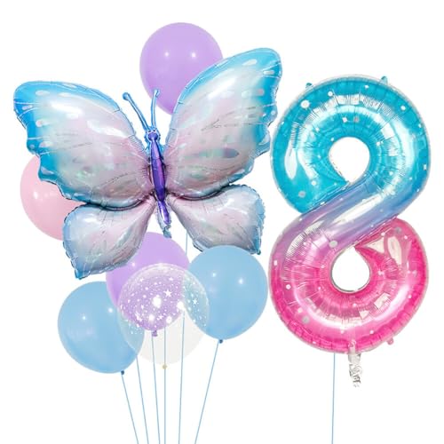 Aublinto Party-Deko Schmetterling Luftballons Geburtstag Mädchen Schmetterlinge Folienballon Geburtstagsdeko Feen mit Band für Themen Party Festival Party Dekoration Nummer 8 von Aublinto