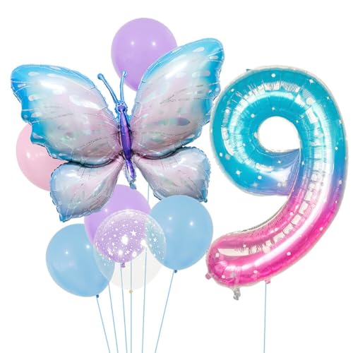 Aublinto Party-Deko Schmetterling Luftballons Geburtstag Mädchen Schmetterlinge Folienballon Geburtstagsdeko Feen mit Band für Themen Party Festival Party Dekoration Nummer 9 von Aublinto