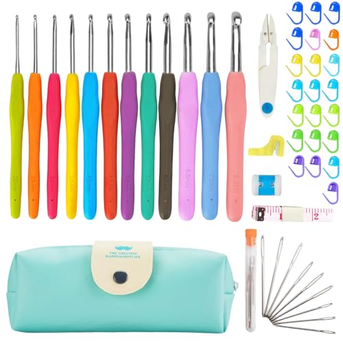 Aucuu Häkelnadel Set 47 Stück, 12 Größe Häkelset von 2 mm bis 8 mm mit Häkel Zubehör, Häkelnadeln Set mit Häkeltasche, Soft Gummi Häckelnadel Crochet Set, Stricken Nadeln Kit für Kinder Anfänger von Aucuu