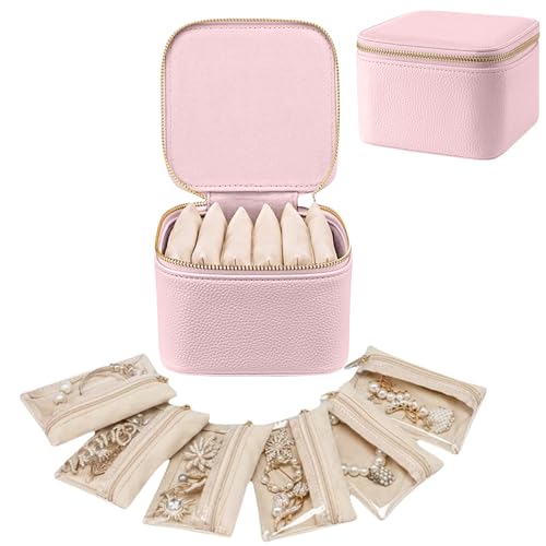 Aucuu Reise Schmuckkästchen, Schmuckkasten Klein mit 6 Schmuckbeutel, PU-Leder Schmuck Organizer, Schmuckschatulle, Schmuckaufbewahrung für Ohrringe Ketten Ringe Armbänder, für Mädchen Frauen von Aucuu