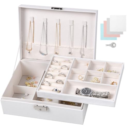 Aucuu Schmuckkästchen Damen, Schmuckkästchen Groß, 2 Ebenen Schmuckschatulle, Abschließbare Schmuckaufbewahrung mit Schlüssel, Schmuck Organizer, Schmuckbox Schmuckkasten für Ringe Halskette Ohringe von Aucuu