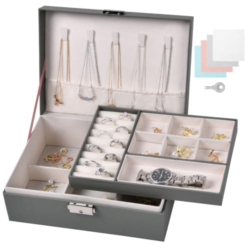 Aucuu Schmuckkästchen Damen, Schmuckkästchen Groß, 2 Ebenen Schmuckschatulle, Abschließbare Schmuckaufbewahrung mit Schlüssel, Schmuck Organizer, Schmuckbox Schmuckkasten für Ringe Halskette Ohringe von Aucuu