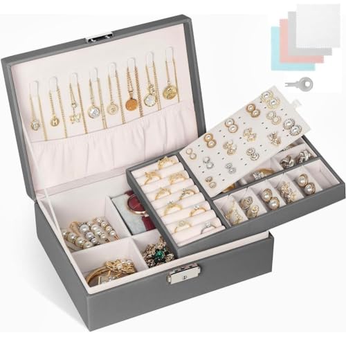 Aucuu Schmuckkästchen Damen, Schmuckkästchen Groß, 2 Ebenen Schmuckschatulle, Abschließbare Schmuckaufbewahrung mit Schlüssel, Schmuck Organizer, Schmuckbox Schmuckkasten für Ringe Halskette Ohringe von Aucuu