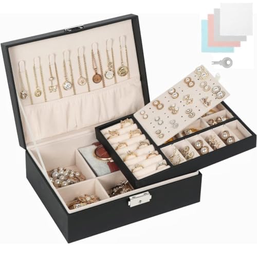 Aucuu Schmuckkästchen Damen, Schmuckkästchen Groß, 2 Ebenen Schmuckschatulle, Abschließbare Schmuckaufbewahrung mit Schlüssel, Schmuck Organizer, Schmuckbox Schmuckkasten für Ringe Halskette Ohringe von Aucuu