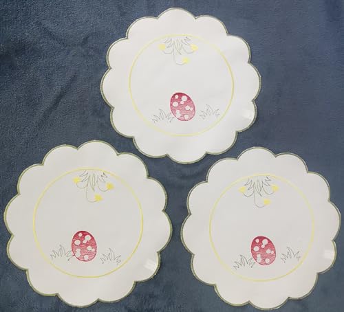 Aude Home Deckchen 30 cm rund Ostertischdecke Bestickt Ostereier 3er Packung (30 rund) von Aude Home