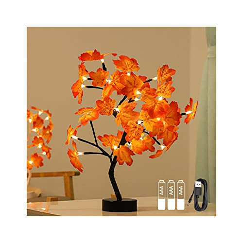 Herbstdeko LED Ahornblatt Baum Licht USB & Akku, 50cm 24 LEDs Schreibtisch Ahorn-Blätter Baumlicht Warmweiß, Herbst Dekoration Blätter Lichterketten für Erntedankfest, Halloween Weihnachten, Tischdeko von Audor