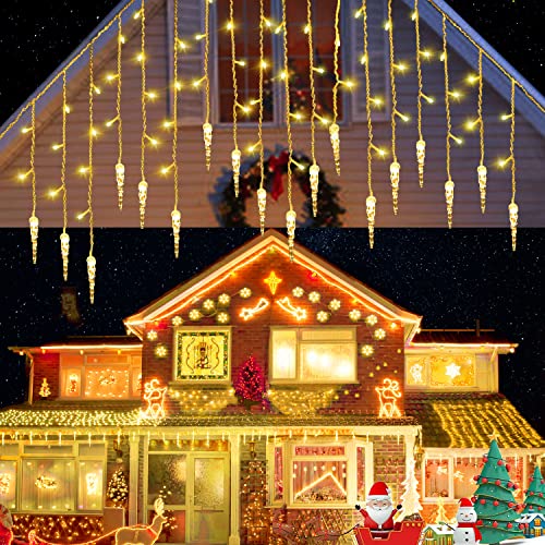 Weihnachtsbeleuchtung Außen 5M 216LED Eisregen Lichterkette Außen/Innen Wasserdicht 8 Modi LED Lichtervorhang Aussen mit Eiskegel für Weihnachtsdeko Garten -Warmweiß von Audor