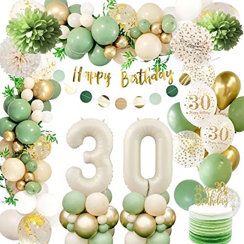 30 Geburtstag Deko Frauen,Geburtstagsdeko 30 Männer,30 Geburtstag Luftballon Grün Gold mit Happy Birthday Banner,Pompoms für Frau Mann Luftballon30 von Auezona